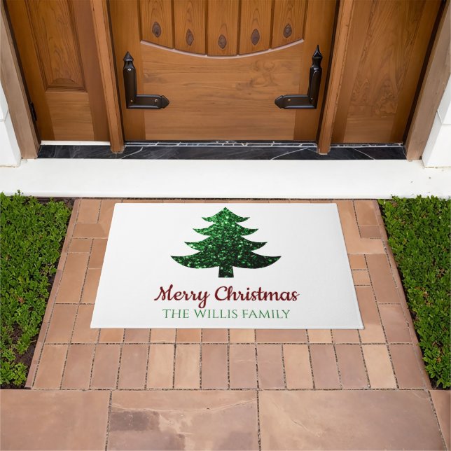 Funkelnd Frohe Weihnachtsbaumgrün Familienname Fußmatte (Außenbereich)