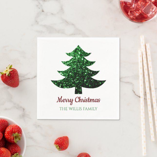 Funkelnd Frohe Weihnachtsbaumgrün Familienname Serviette (Beispiel)