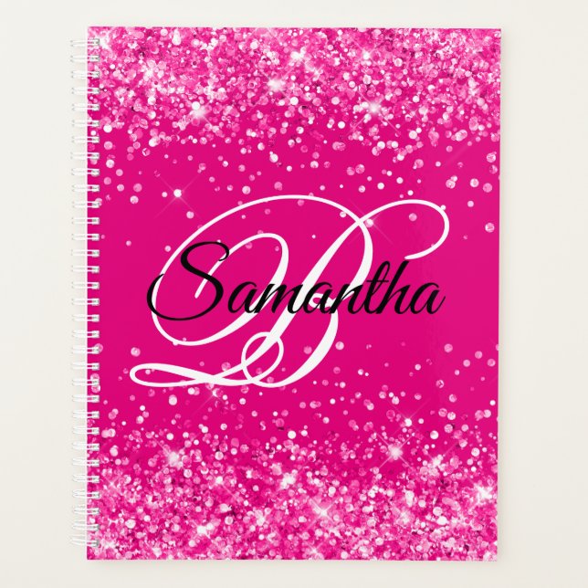 Funkelnd Glitterie Hot Pink Extravagante Monogramm Planer (Vorderseite)