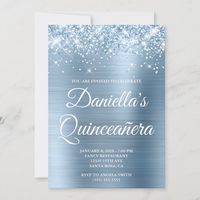 Funkelnd Glitterie Light Blue Foil Quinceañera Einladung (Vorderseite)