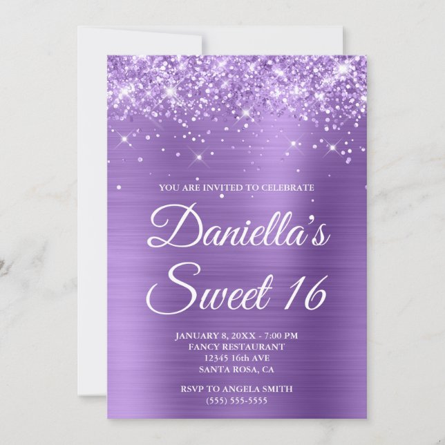 Funkelnd Glitterie Lila Foil Sweet 16 Einladung (Vorderseite)