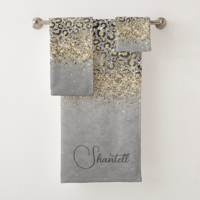 Funkelnd Glittery Gold Leopard Personalisiert Badhandtuch Set (Insitu)