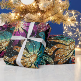 Funkelnd Glittery Lila Blue and Gold Florals Geschenkpapier