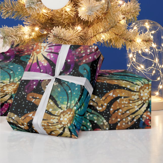 Funkelnd Glittery Lila Blue and Gold Florals Geschenkpapier (Feiertage)