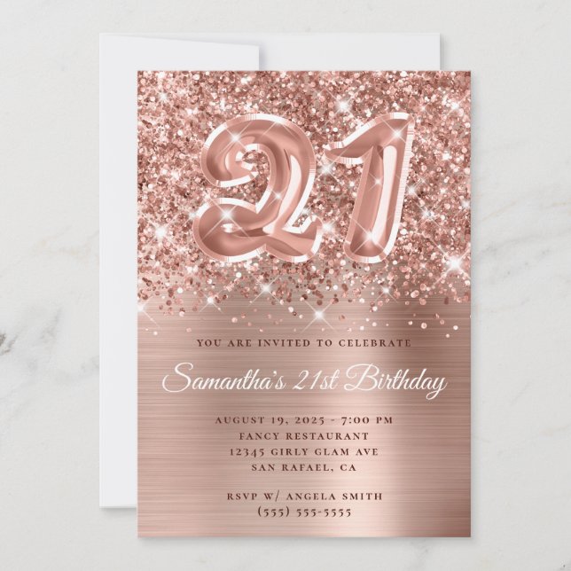 Funkelnd Glittery Rose Gold Ballon 21. Geburtstag Einladung (Vorderseite)