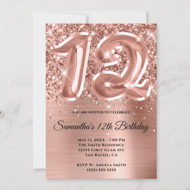 Funkelnd Glittery Rose Gold Glam 12. Geburtstag Einladung (Vorderseite)