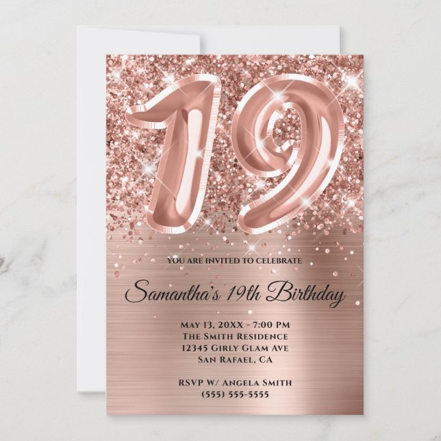 Funkelnd Glittery Rose Gold Glam 19. Geburtstag Einladung (Vorderseite)