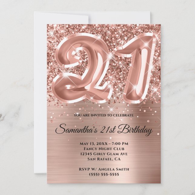 Funkelnd Glittery Rose Gold Glam 21. Geburtstag Einladung (Vorderseite)
