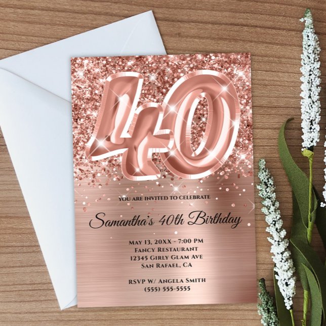 Funkelnd Glittery Rose Gold Glam 40. Geburtstag Einladung (Create your own rose gold 40th birthday invitation.)