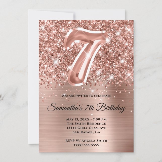 Funkelnd Glittery Rose Gold Glam 7. Geburtstag Einladung (Vorderseite)
