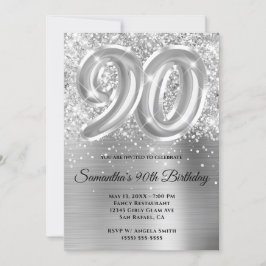 Funkelnd Glittery Silver Glam 90. Geburtstag Einladung