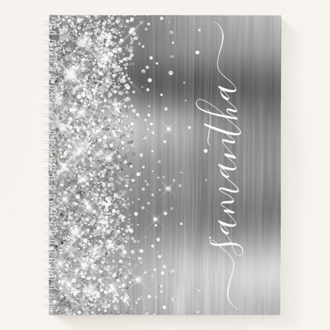 Funkelnd Glittery Silver Glam Girly Name Notizbuch (Vorderseite)