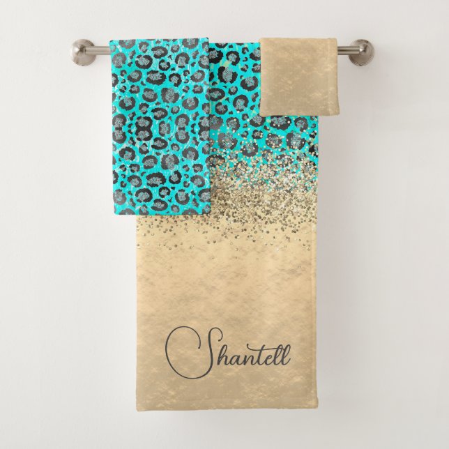 Funkelnd Glittery Silver Leopard Personalisiert Badhandtuch Set (Insitu)
