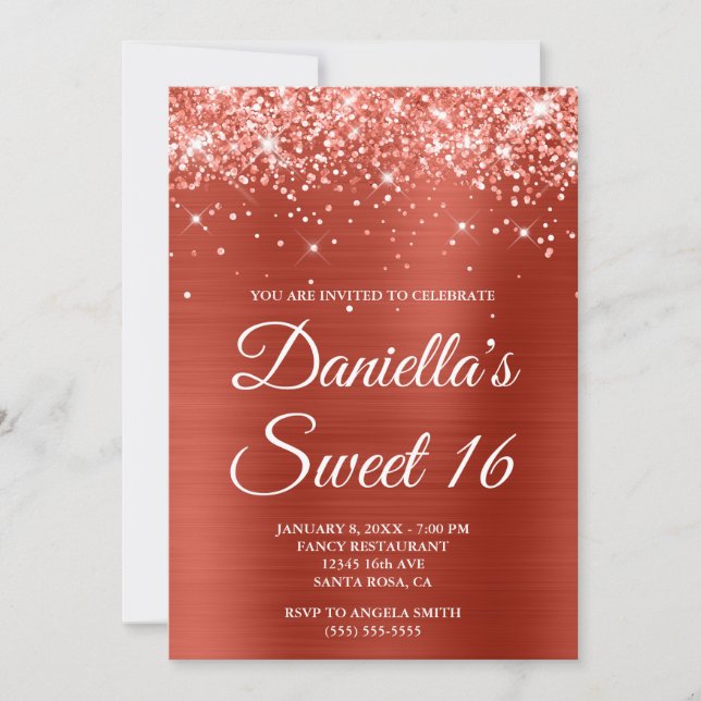 Funkelnd Glittery Soft Red Foil Sweet 16 Einladung (Vorderseite)