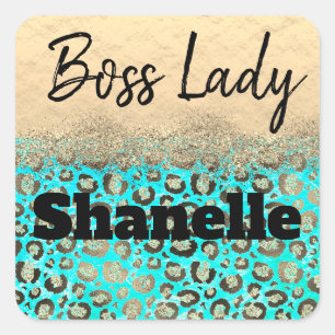 Funkelnd Glittery Türkis Leopard Boss Lady Quadratischer Aufkleber