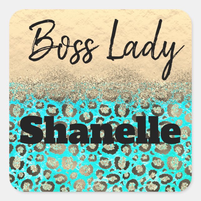 Funkelnd Glittery Türkis Leopard Boss Lady Quadratischer Aufkleber (Vorderseite)