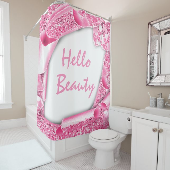 Funkelnd Glitzer 3D-PINK-Rahmen HELLO Girly Duschvorhang (Beispiel)