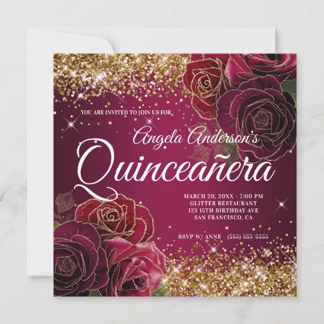 Funkelnd Glitzer Burgund Rote Rose Quinceañera Einladung (Vorderseite)