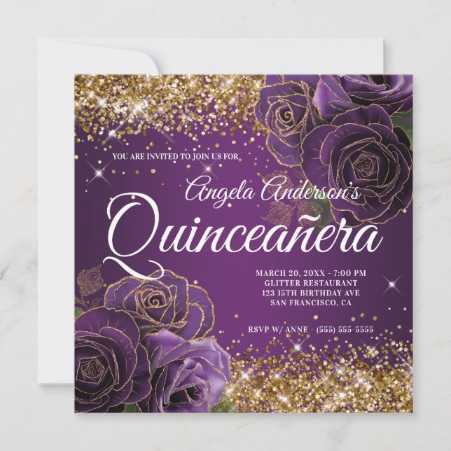 Funkelnd Glitzer Lila Rose Quinceañera Einladung (Vorderseite)