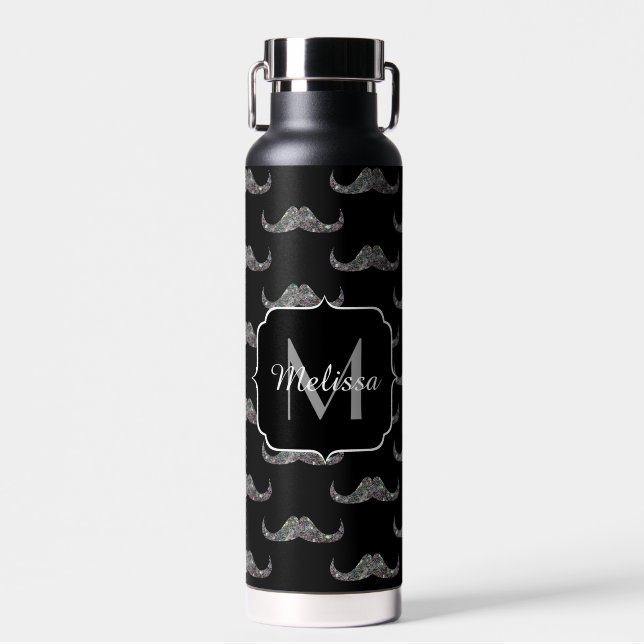 Funkelnd Glitzer Mustache Black Monogram Trinkflasche (Vorne)