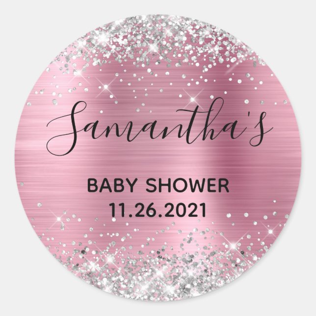 Funkelnd Glitzer Pink Foil Babydusche Runder Aufkleber (Vorderseite)