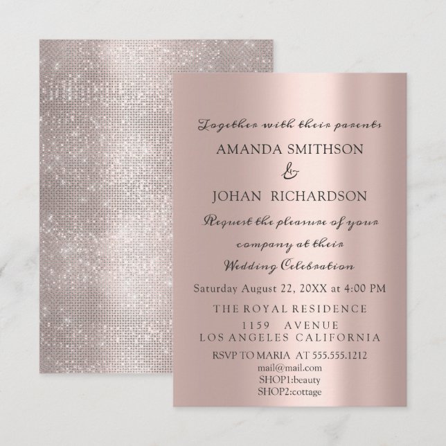 Funkelnd Glitzer Rose Gold Elegante Hochzeit Einzi Einladung (Vorne/Hinten)