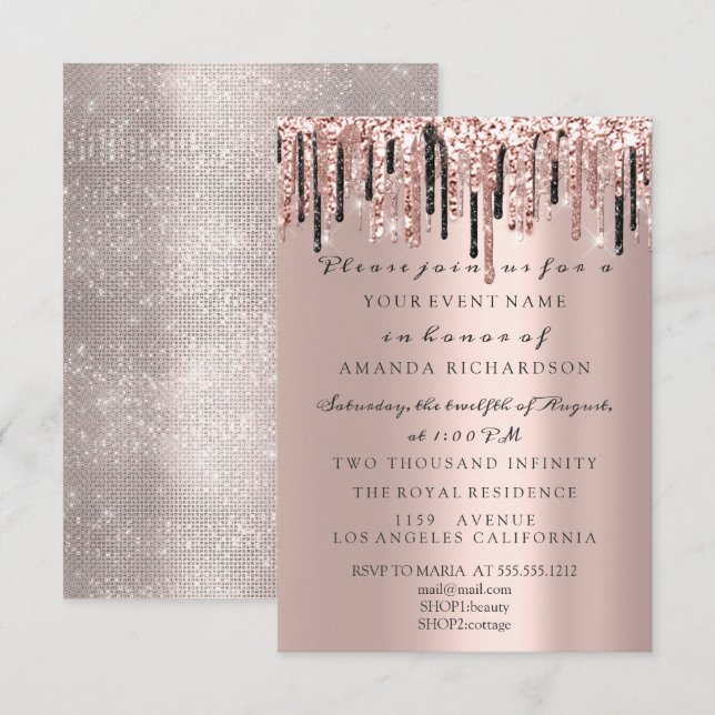 Funkelnd Glitzer Rose Tropfen Hochzeit klassisch G Einladung (Vorne/Hinten)