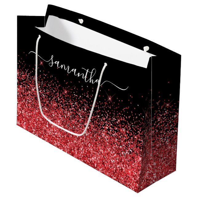 Funkelnd Glitzer Schwarz/Rot Eleganter Name Große Geschenktüte (Vorderseite Schrägansicht)