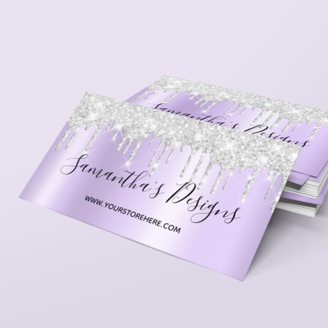 Funkelnd Glitzer Tropfen Pale Lavender Ombre Visitenkarte (Sparkly Silver Glitter Drips Pale Lavender Ombre Business Card)