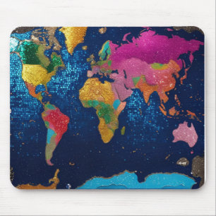 Funkelnd Glitzer Weltkarte - Wasserfarbenzug Kunst Mousepad