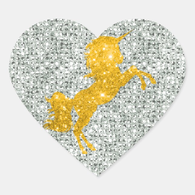 Funkelnd Gold Einhorn auf Silver Glitzer Herz-Aufkleber (Vorderseite)