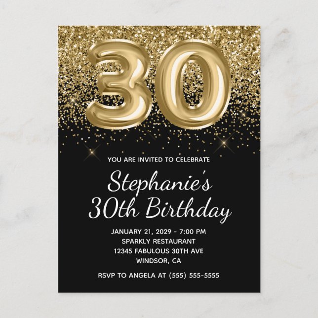 Funkelnd Gold Glitzer Black Balloon 30. Geburtstag Einladungspostkarte (Vorderseite)