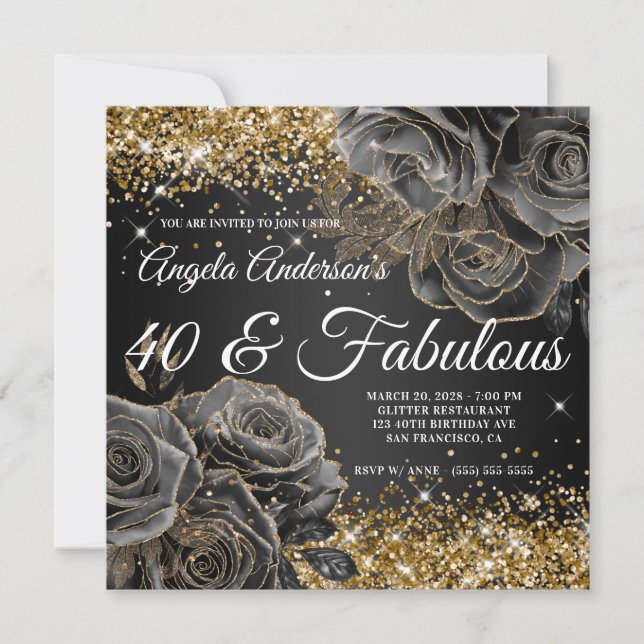 Funkelnd Gold Glitzer Black Rose Glam 40 & Fabulou Einladung (Vorderseite)