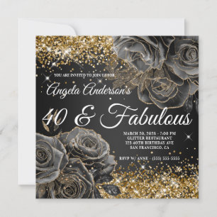 Funkelnd Gold Glitzer Black Rose Glam 40 & Fabulou Einladung