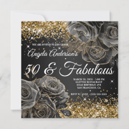 Funkelnd Gold Glitzer Black Rose Glam 50 & Fabulou Einladung