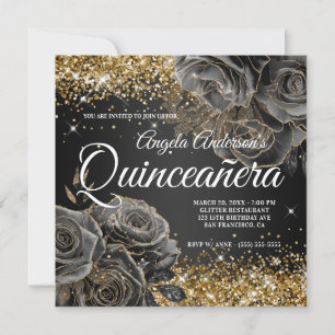 Funkelnd Gold Glitzer Black Rose Glam Quinceañera Einladung