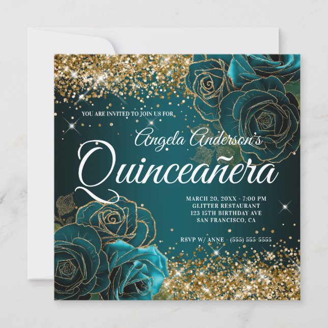 Funkelnd Gold Glitzer Blaue Aquamarine Rose Quince Einladung (Vorderseite)