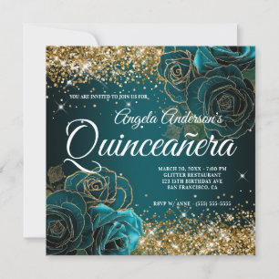 Funkelnd Gold Glitzer Blaue Aquamarine Rose Quince Einladung