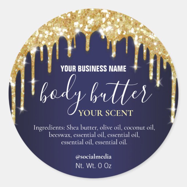 Funkelnd Gold Glitzer Navy Blue Body Butter Labels Runder Aufkleber (Vorderseite)