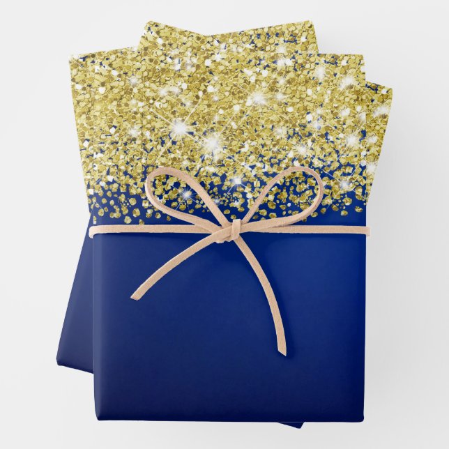 Funkelnd Gold Glitzer Royal Navy Blue Ombre Imitat Geschenkpapier Set (Beispiel)