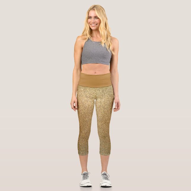 Funkelnd Gold Glitzer Spaß Yoga-Übung Capri Leggings (Vorderseite)