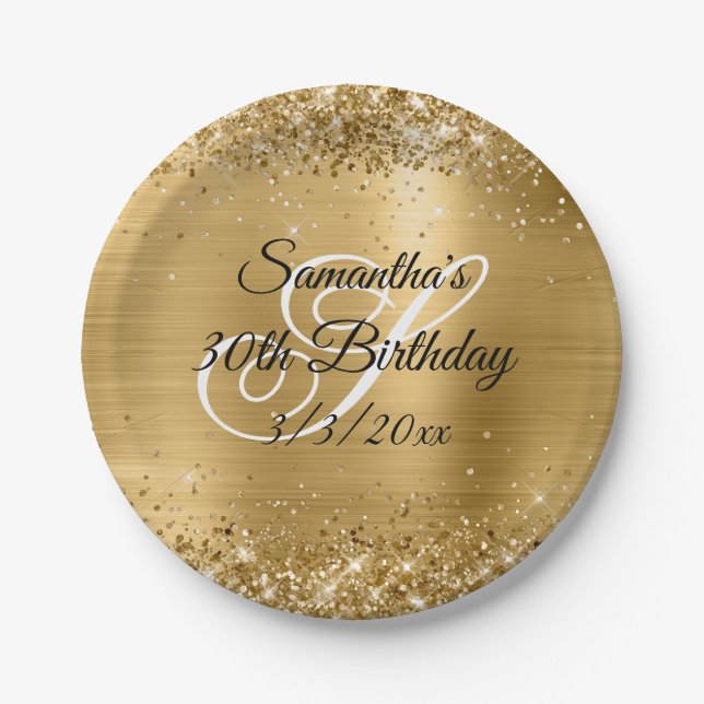 Funkelnd Gold Glitzer und Foil 30. Geburtstag Pappteller (Vorderseite)