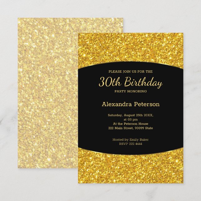 Funkelnd Golden Glitzer 30. Geburtstag Einladung (Vorne/Hinten)