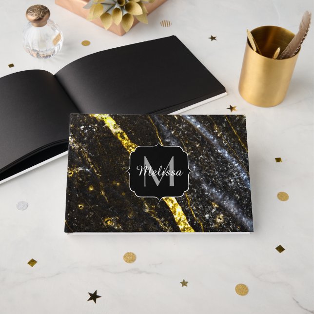 Funkelnd Goldklänge abstrakte Monogram Gästebuch (Vorderseite Offen)