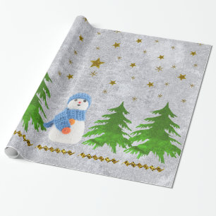 Funkelnd Goldsterne, Schneemann und Grünbäume Geschenkpapier