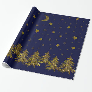 Funkelnd Goldweihnachtsbaum, Mond, Sterne auf Blau Geschenkpapier
