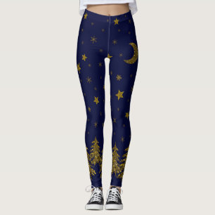 Funkelnd Goldweihnachtsbaum, Mond, Sterne auf Blau Leggings