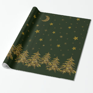 Funkelnd Goldweihnachtsbaum, Mond, Sterne auf Grün Geschenkpapier