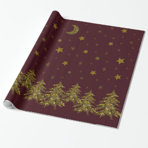 Funkelnd Goldweihnachtsbaum, Mond, Sterne auf Rot Geschenkpapier