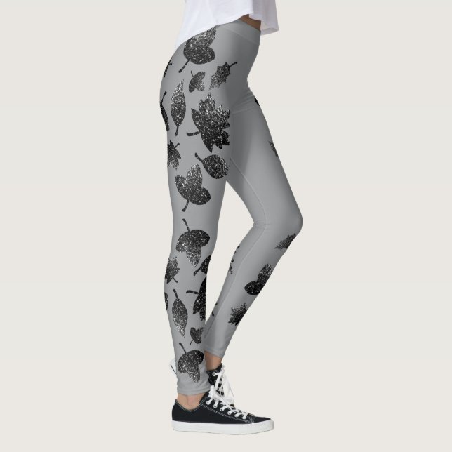 Funkelnd graue silberne Blätter fallen Herbstmuste Leggings (Rechts)